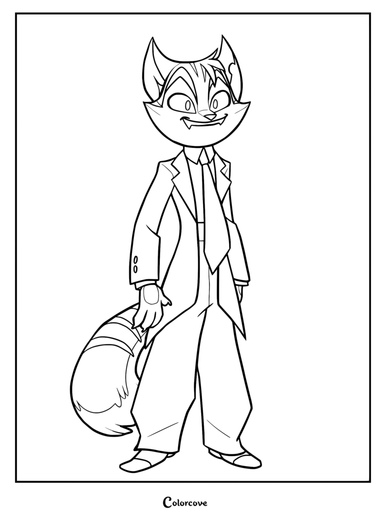 Rocky Rickaby from Lackadaisy wearing a suit and tie in a printable coloring page format.