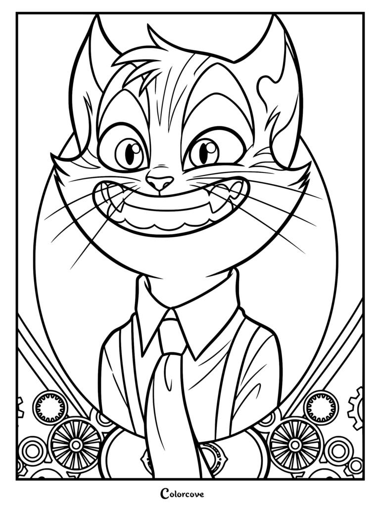A detailed Lackadaisy Rocky coloring page featuring a portrait of Rocky with a wide, toothy grin, wearing a dress shirt and tie, framed by decorative gears.
