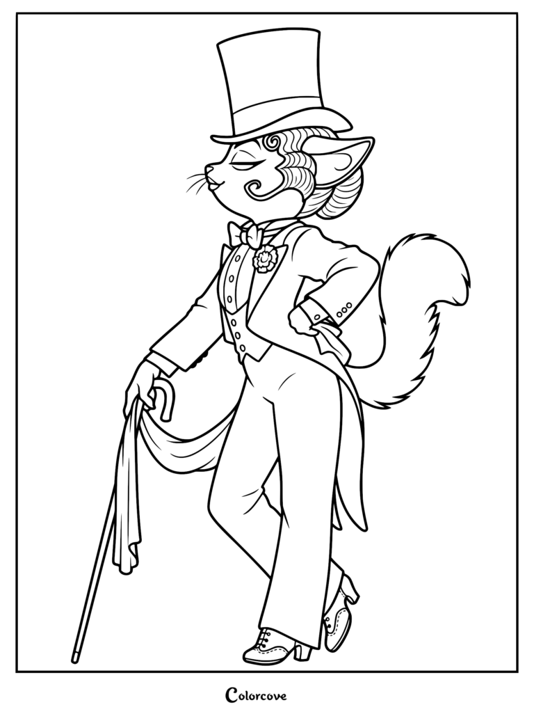 Serafine Savoy from Lackadaisy wearing a formal tuxedo, top hat, and holding a cane in a printable coloring page.