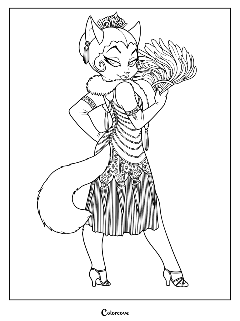 Serafine Savoy from Lackadaisy wearing a flapper dress and tiara, holding a feather fan in this detailed coloring page.