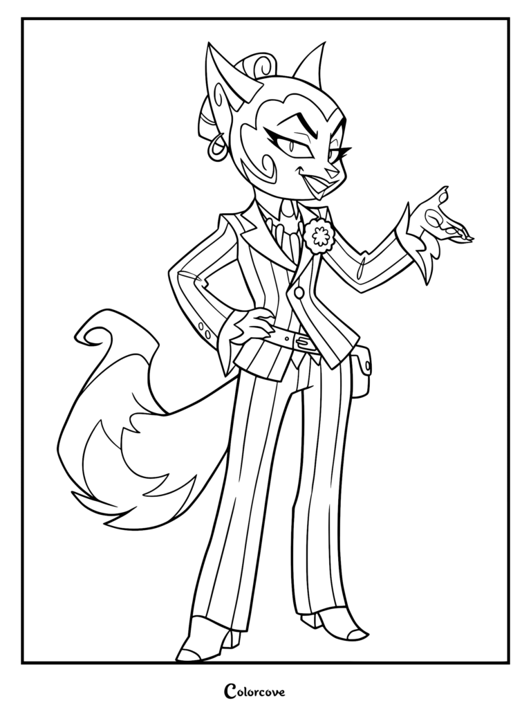 Serafine Savoy from Lackadaisy wearing a pinstripe suit and flower lapel pin, standing with one hand on her hip and the other gesturing, presented as a printable coloring page.