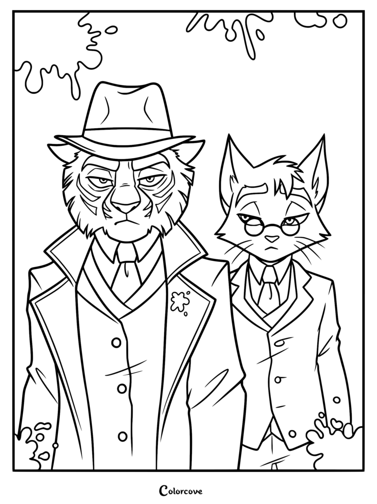 Viktor Vasko wearing a fedora and trench coat standing beside Mordecai Heller in a suit and glasses in this Lackadaisy coloring page.