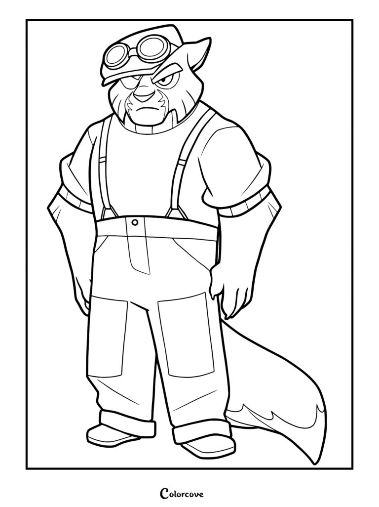 Viktor Vasko from Lackadaisy wearing overalls and goggles, line art coloring page.