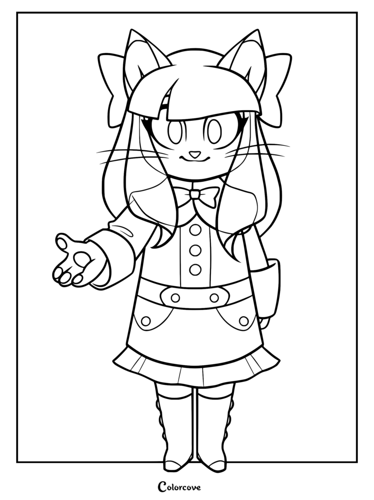 Young Ivy Pepper from Lackadaisy reaching out her hand in this printable coloring page featuring her signature bow and dress.
