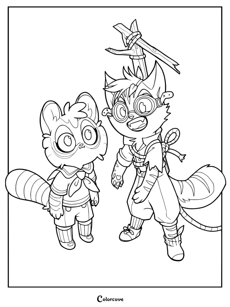 A printable coloring page featuring young Rocky wearing goggles and a makeshift wooden sword, standing beside young Calvin in his sailor outfit.