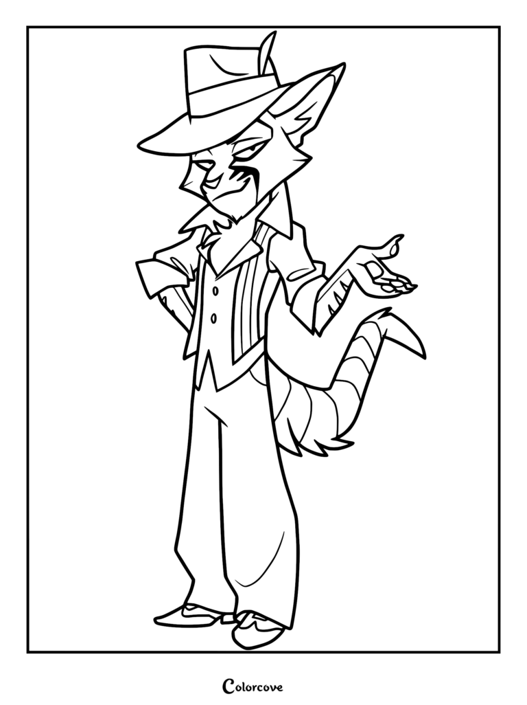 Dorian Zibowski from Lackadaisy wearing a fedora and vest in a confident pose, printable coloring page.