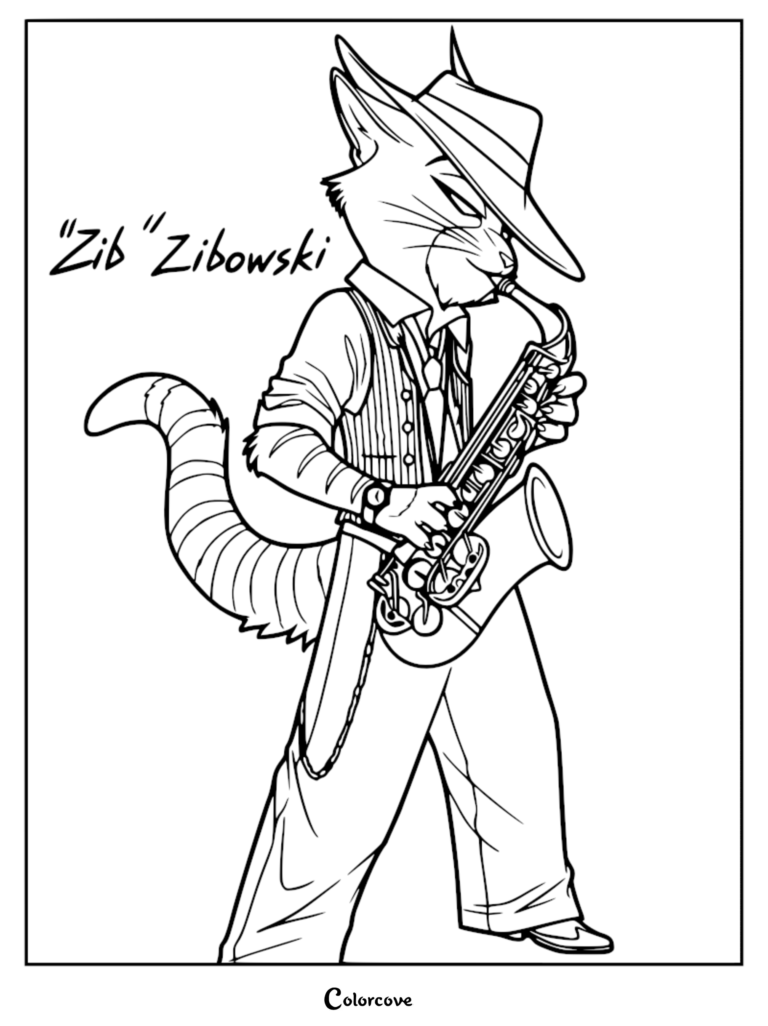 Zib Zibowski from Lackadaisy wearing a fedora and pinstripe vest playing the saxophone in this printable coloring page.