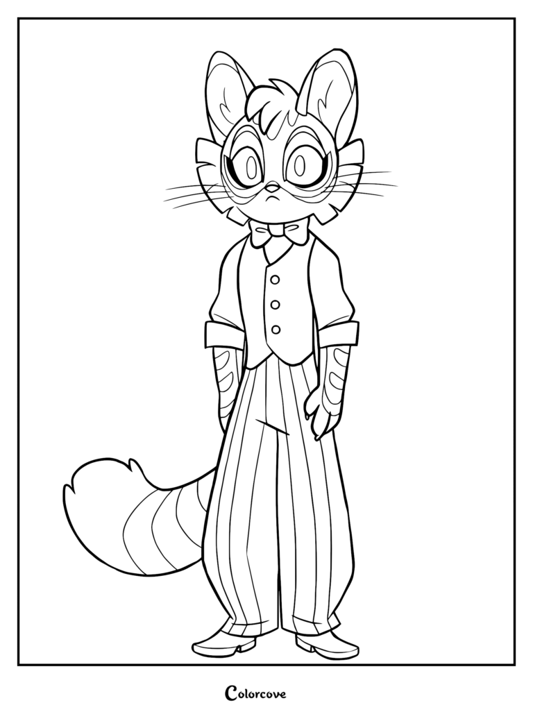 Freckle from Lackadaisy wearing a vest and striped trousers in a printable coloring page.
