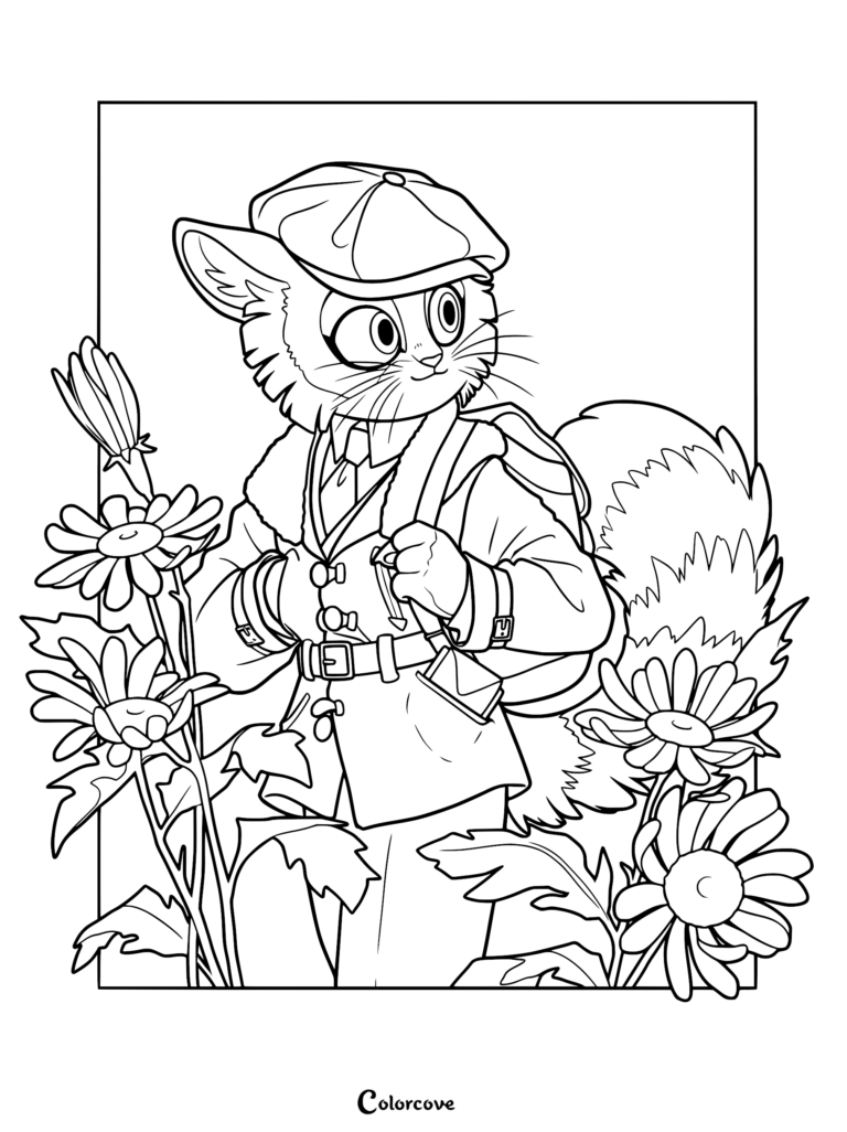 Lackadaisy Freckle wearing a newsboy cap and jacket with a backpack standing among daisies in this printable coloring page.