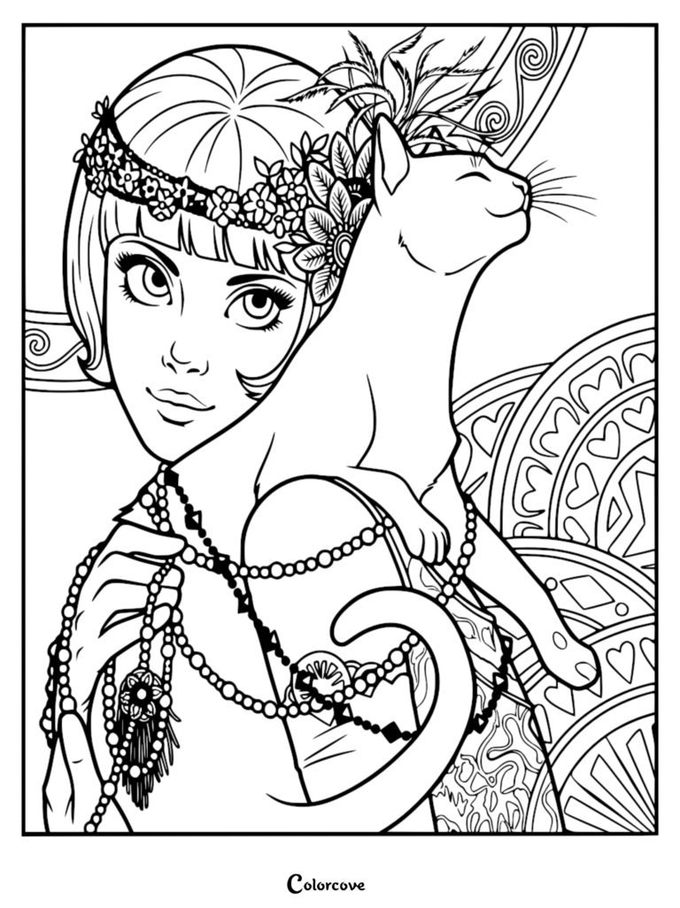 Ivy Pepper from Lackadaisy wearing a floral headband and beaded necklaces with a cat resting on her shoulder in this detailed coloring page.