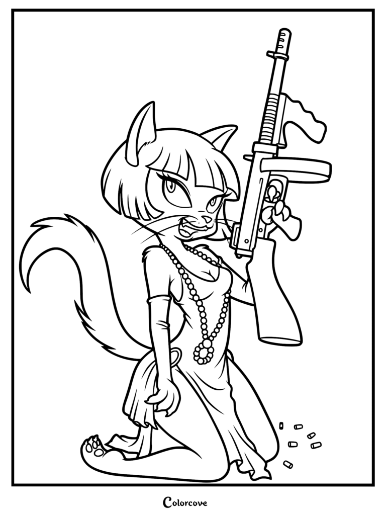 Ivy Pepper from Lackadaisy holding a Tommy gun in a flapper dress, printable coloring page.