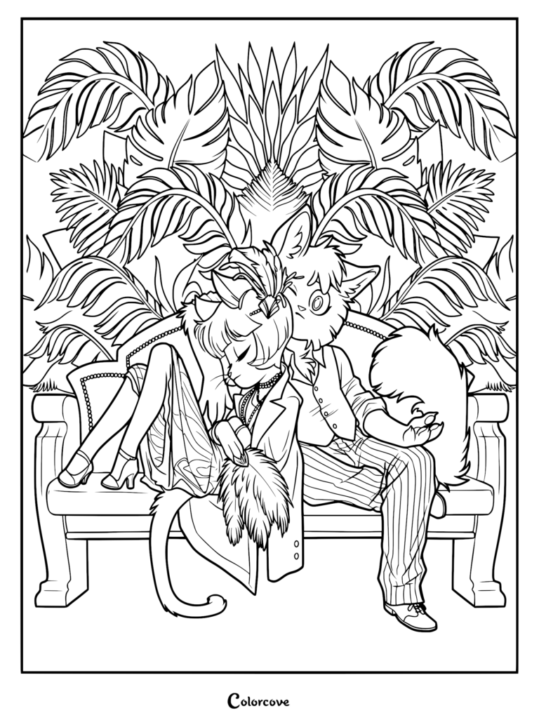 Ivy Pepper and Calvin Freckle McMurray sitting together on a sofa in front of large tropical palm leaves, detailed line art coloring page.