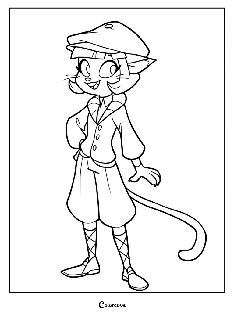 Ivy Pepper from Lackadaisy wearing a newsboy cap and vintage outfit in this printable coloring page.