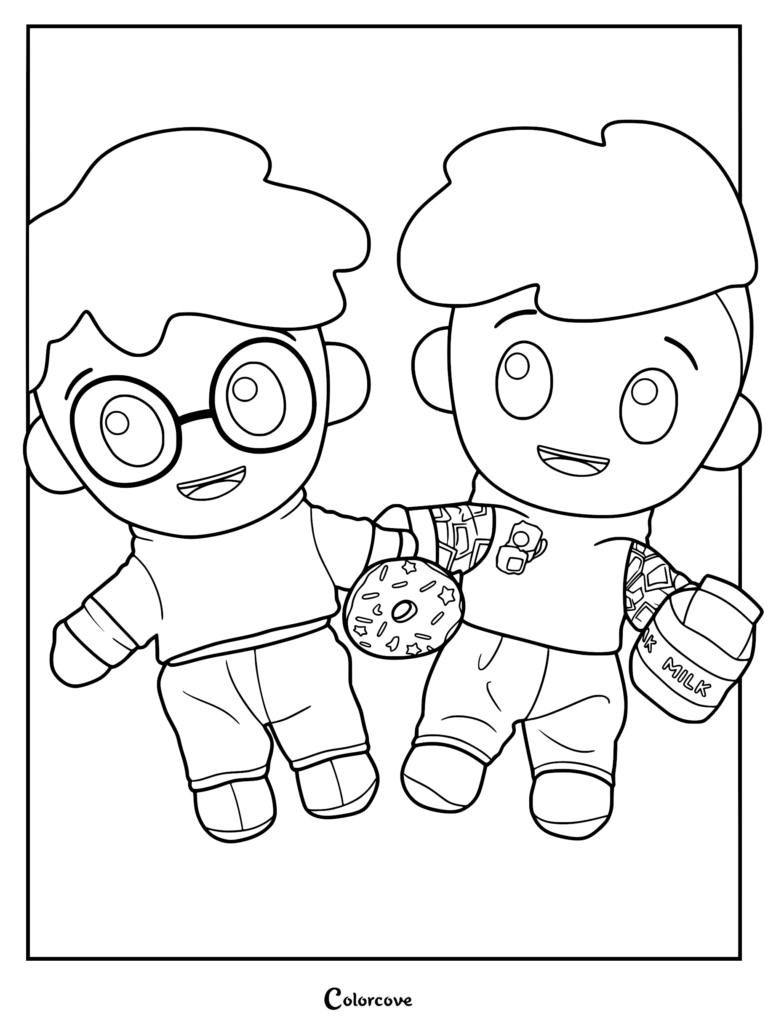 Justin and Adam plush toys holding a donut and milk carton in this printable coloring page.