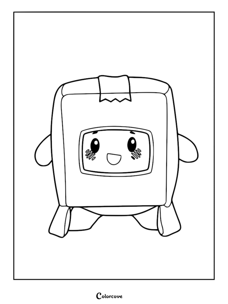 A printable coloring page featuring the cheerful Boxy plush toy with a happy face and tape detail.