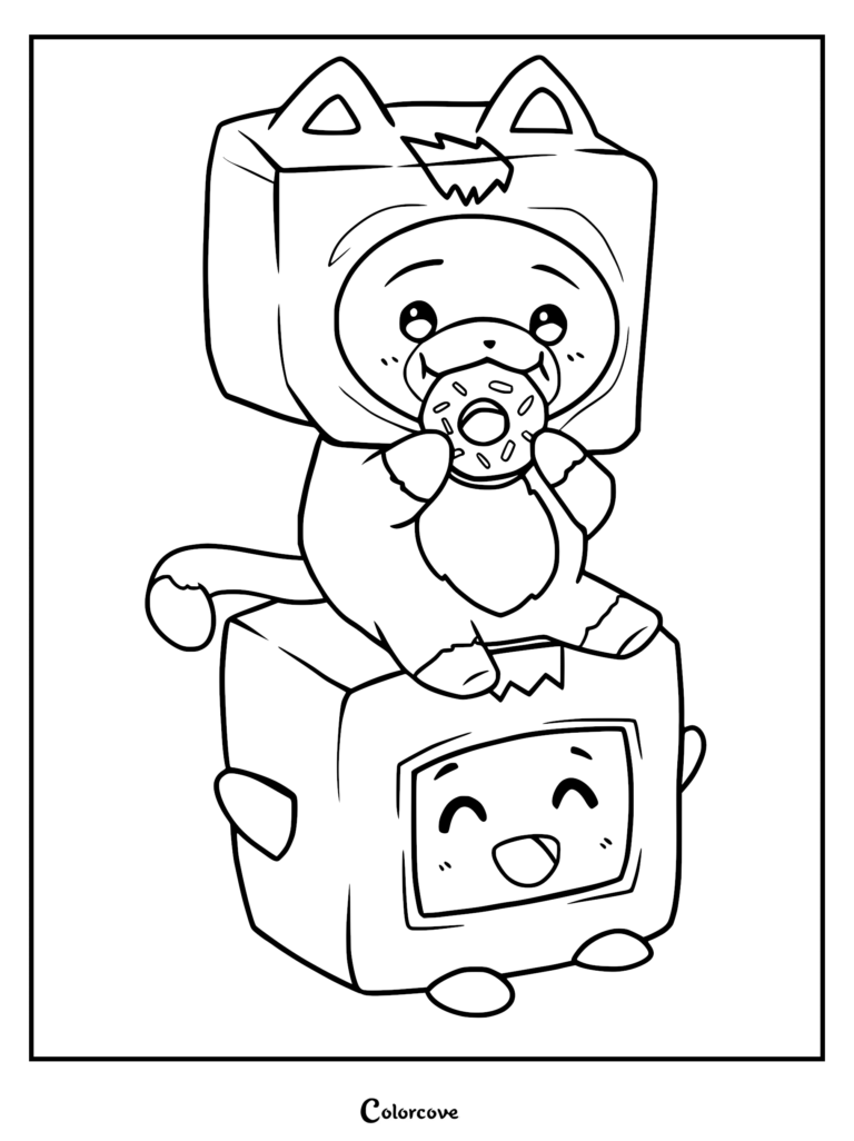 Foxy wearing a box hat eating a donut while sitting on top of Boxy in this LankyBox coloring page.