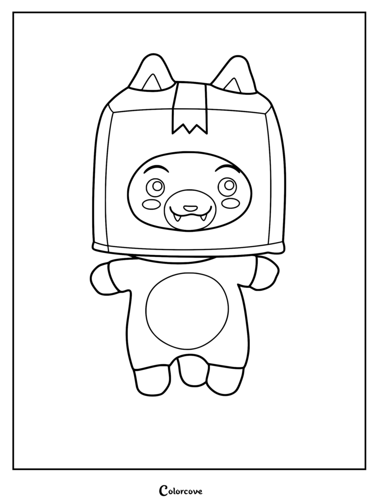 A printable coloring page featuring the LankyBox character Foxy wearing a cardboard box on his head.