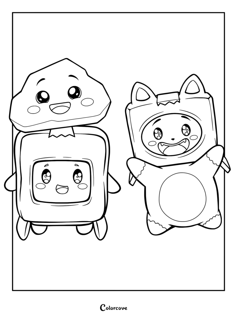 LankyBox coloring page featuring Rocky sitting on top of Boxy next to Foxy waving happily.