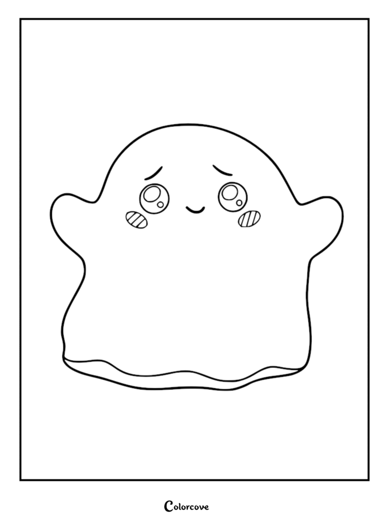 A simple black and white line art coloring page featuring the cute LankyBox character Ghosty with big eyes and a shy smile.