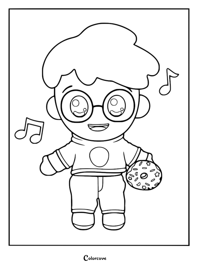 Justin Plush Toy holding a donut with musical notes floating around in this printable coloring page.