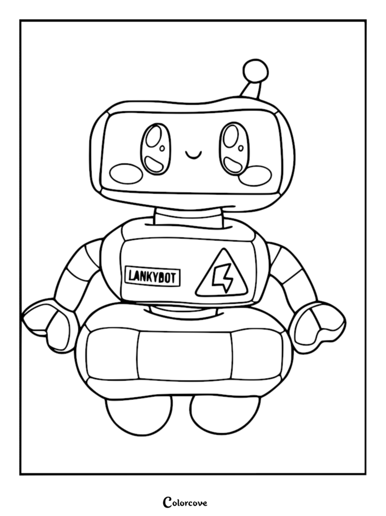 A printable coloring page featuring the LankyBot plush toy with its signature monitor face, antenna, and lightning bolt chest emblem.