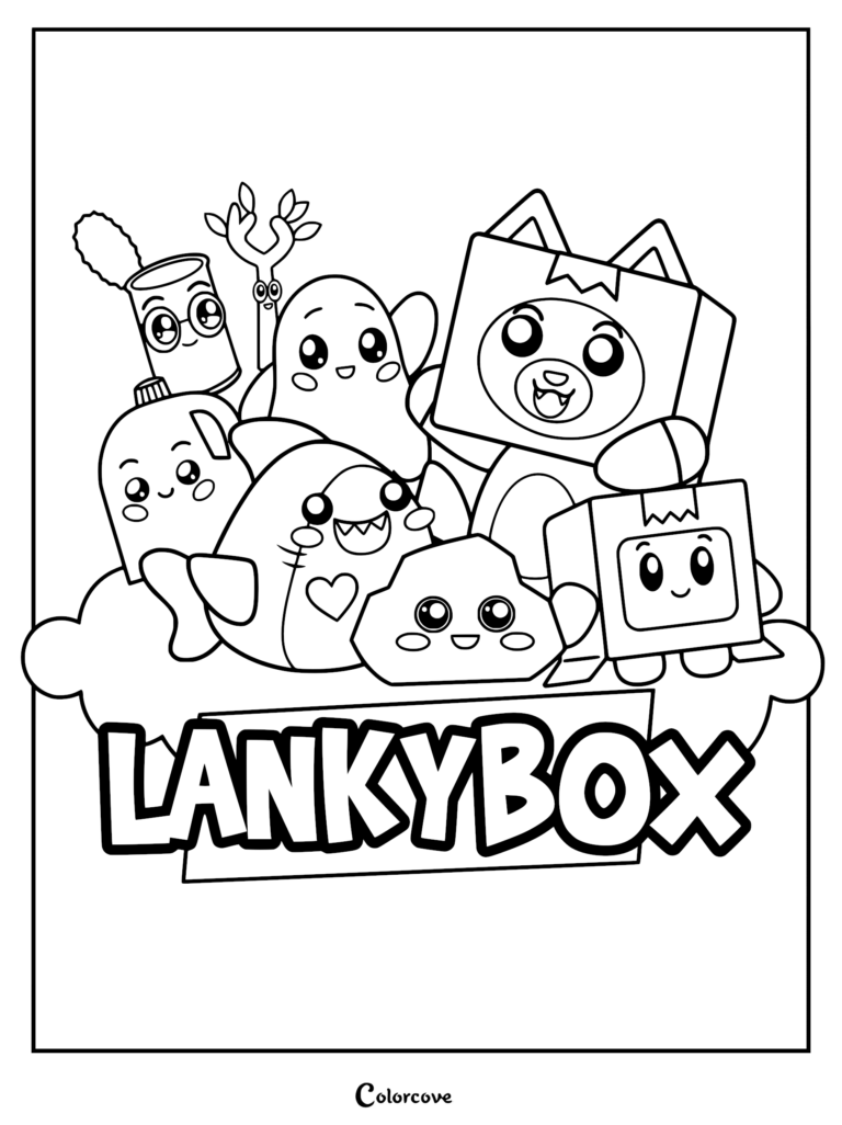 LankyBox cast coloring page featuring Foxy, Boxy, Rocky, Ghosty, Thicc Shark, Sticky, and Canny gathered together above the LankyBox logo.