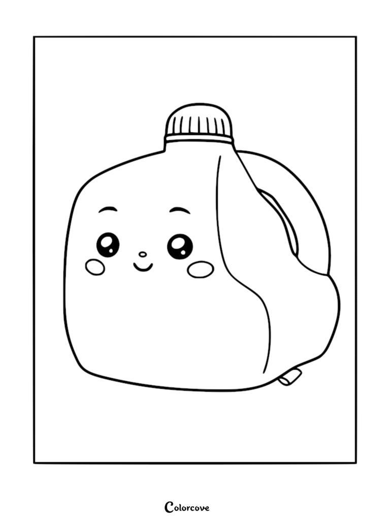 A simple line art coloring page of the LankyBox character Milky, featuring the cute milk carton plush toy with a smiling face and a screw-top lid.