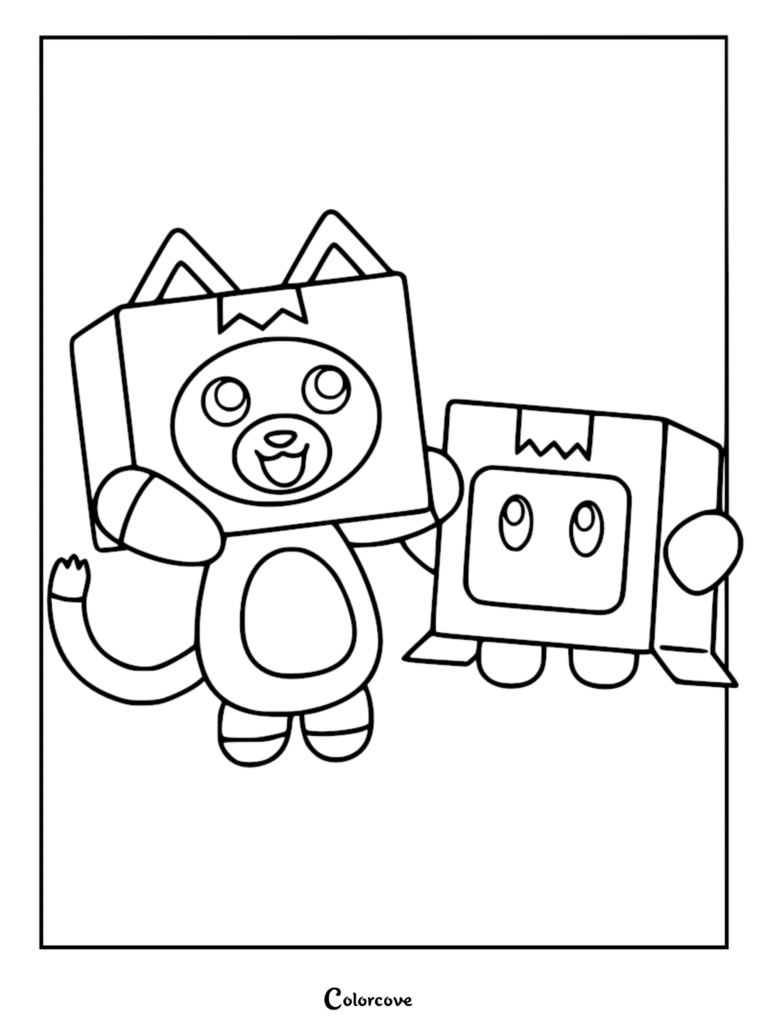 Foxy wearing a cardboard box on his head standing next to Boxy in this LankyBox coloring page.