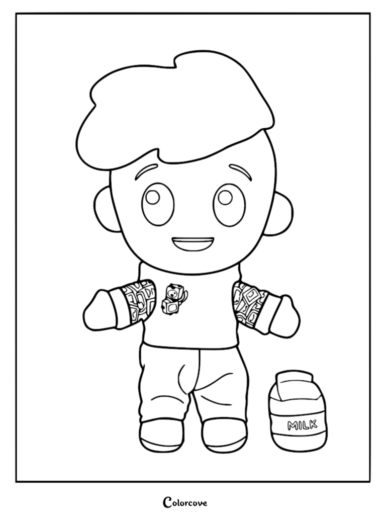 A printable coloring page featuring the Adam plush toy standing next to a small carton of Milky.