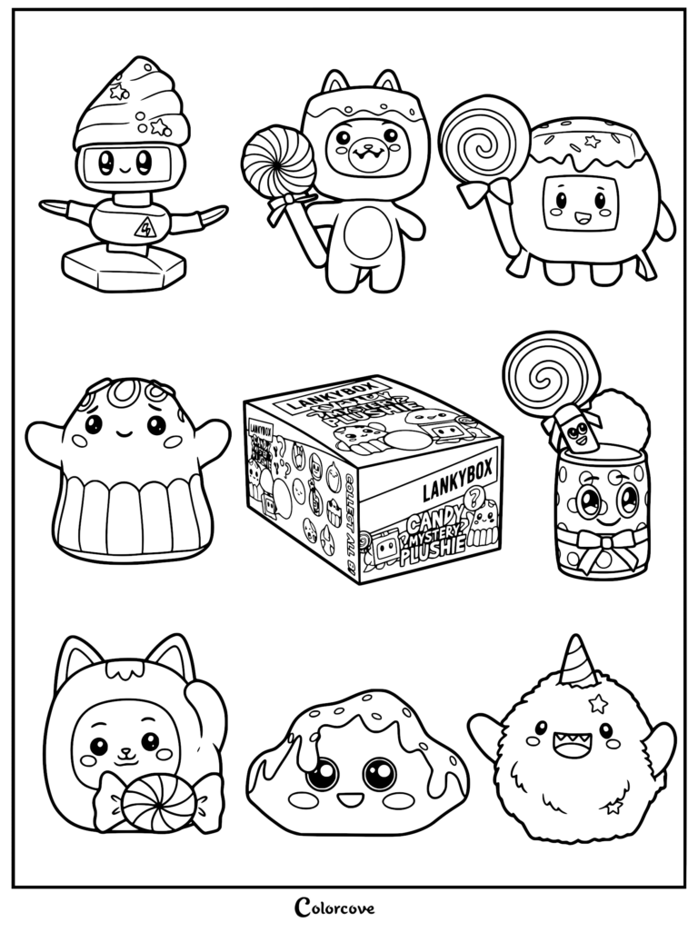 LankyBox Candy Mystery Plush collection coloring page featuring Foxy, Boxy, and other characters with sweets and a mystery box.