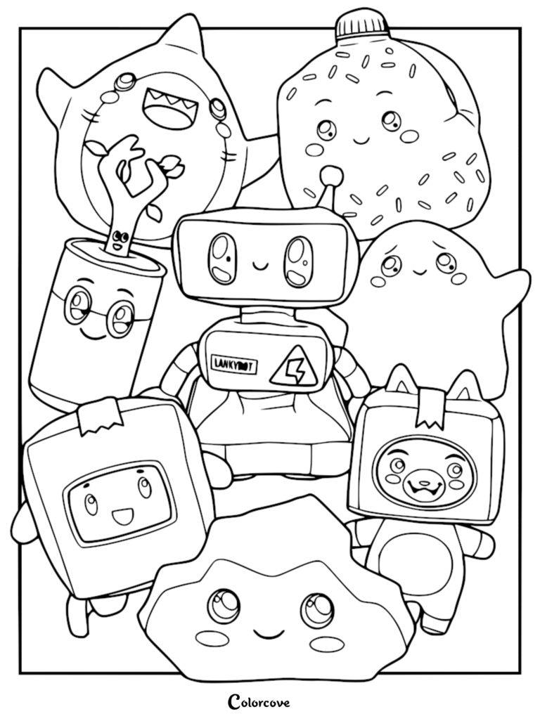 LankyBox plush bundle coloring page featuring Boxy, Foxy, Rocky, Ghosty, Thicc Shark, Sticky, Canny, and LankyBot.