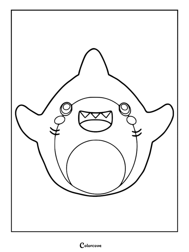 A simple line art coloring page of the LankyBox character Thicc Shark, featuring his round body, wide smile, and small fins.