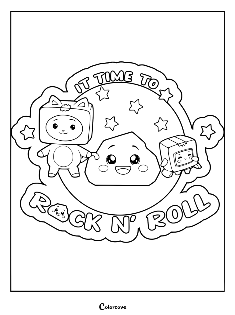 LankyBox coloring page featuring Foxy, Rocky, and Boxy with the text It Time To Rock N Roll surrounded by stars.