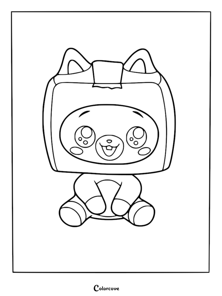 A cute Baby Foxy plush toy coloring page featuring the character with a box on its head and large expressive eyes.