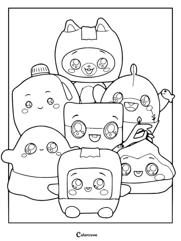 LankyBox baby plush bundle coloring page featuring baby Boxy, baby Foxy, baby Rocky, baby Ghosty, baby Milky, and baby Thicc Shark.