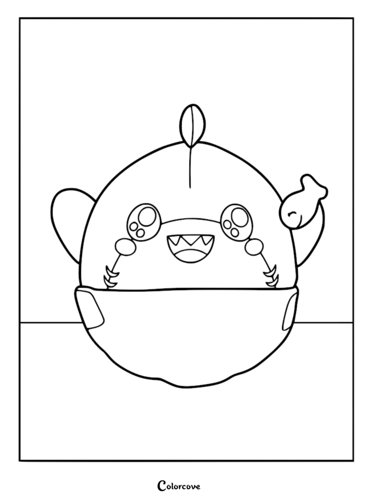 A cute Baby Thicc Shark plush character wearing a diaper in this printable coloring page.