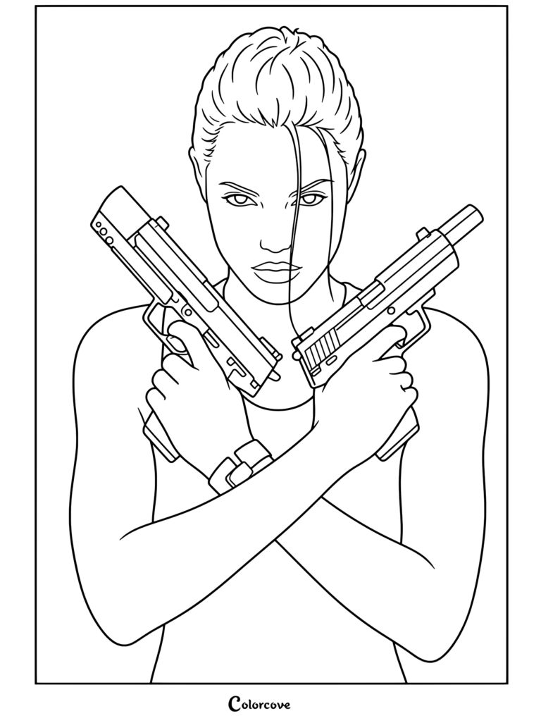Dibujo para colorear imprimible de Angelina Jolie como KEEP IN ENGLISH Lara Croft sosteniendo pistolas duales cruzadas frente a su pecho en la película KEEP IN ENGLISH Tomb Raider de 2001.