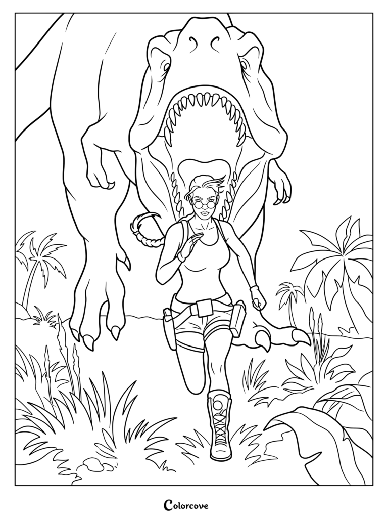 Dibujo para colorear de Lara Croft Tomb Raider con la icónica arqueóloga huyendo de un enorme Tiranosaurio Rex en la selva.