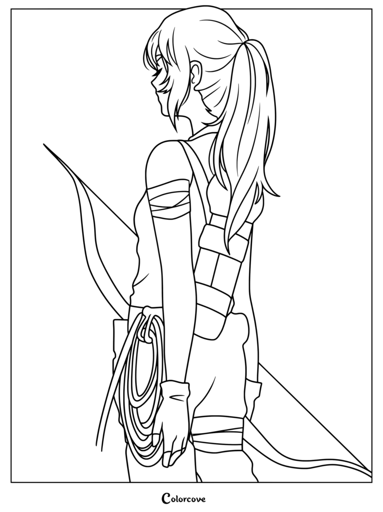 Dibujo para colorear imprimible gratis de Lara Croft Tomb Raider sosteniendo un arco recurvo y vistiendo el atuendo de supervivencia de la Trilogía del Superviviente.