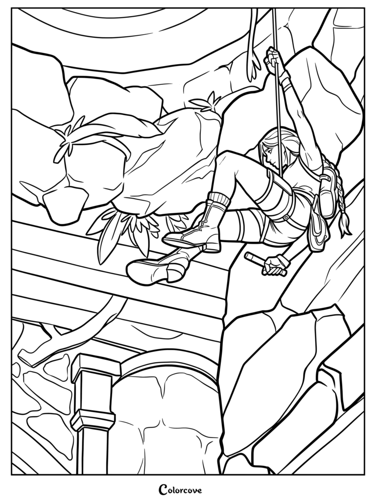 Dibujo para colorear imprimible de Lara Croft Tomb Raider descendiendo en rápel por una cuerda dentro de una cueva rocosa repleta de ruinas antiguas.
