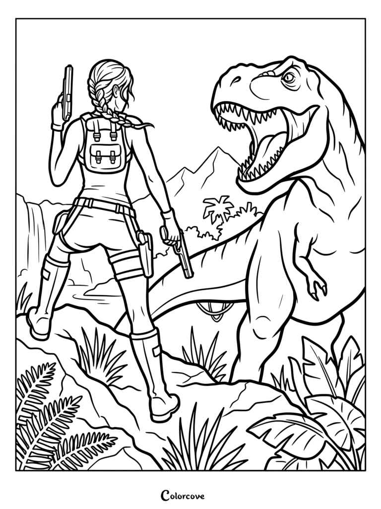 Dibujo para colorear de Lara Croft Tomb Raider con Lara empuñando pistolas duales mientras se enfrenta a un rugiente Tiranosaurio Rex en un entorno selvático.