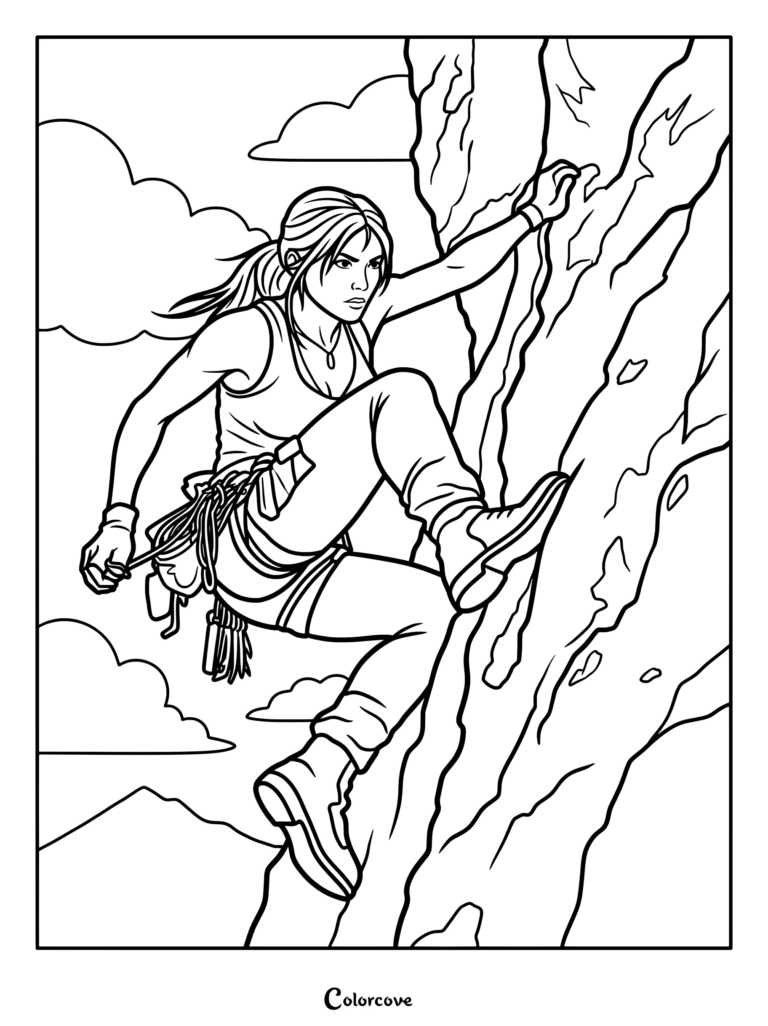 Dibujo para colorear imprimible gratis de Lara Croft Tomb Raider escalando una pared rocosa escarpada con equipo de escalada.