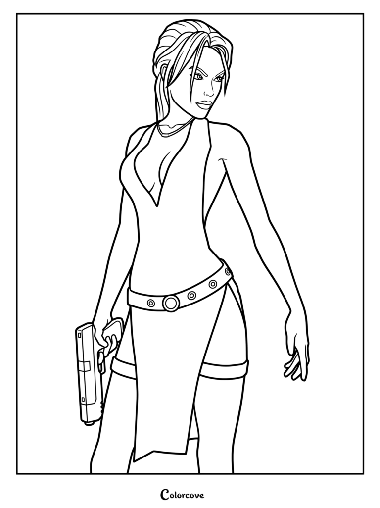 Dibujo para colorear imprimible de Lara Croft Tomb Raider con su icónico vestido de noche negro del nivel de Tokio en Tomb Raider: Legend, sosteniendo una pistola.