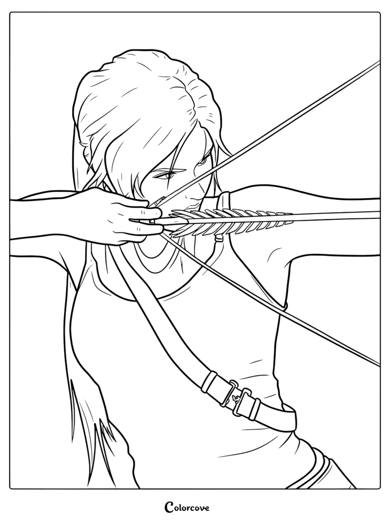Dibujo para colorear de Lara Croft Tomb Raider con Lara apuntando con arco y flecha con una expresión intensa mientras lleva una camiseta sin mangas manchada de barro.
