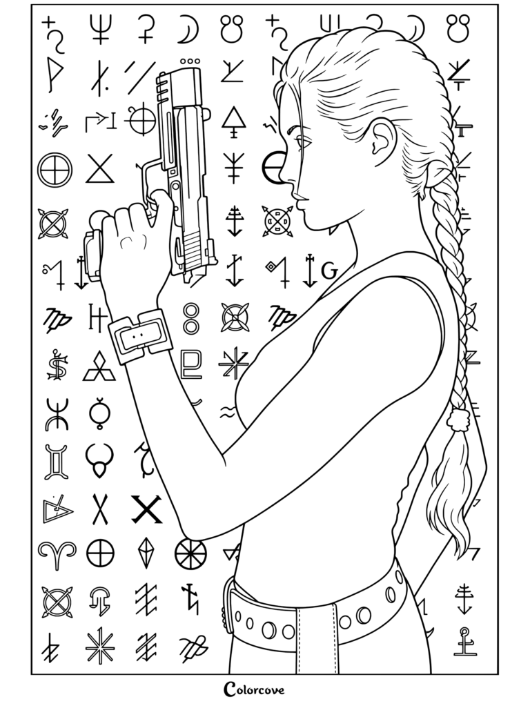 Angelina Jolie como KEEP IN ENGLISH Lara Croft sosteniendo una pistola en una vista de perfil lateral con una camiseta sin mangas negra y cabello trenzado, para colorear.