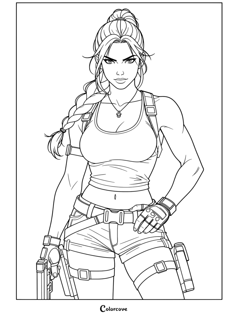Dibujo para colorear de Lara Croft Tomb Raider que muestra un retrato de Lara con su clásica camiseta de tirantes verde azulada, pantalones cortos caqui y el pelo recogido en una trenza.