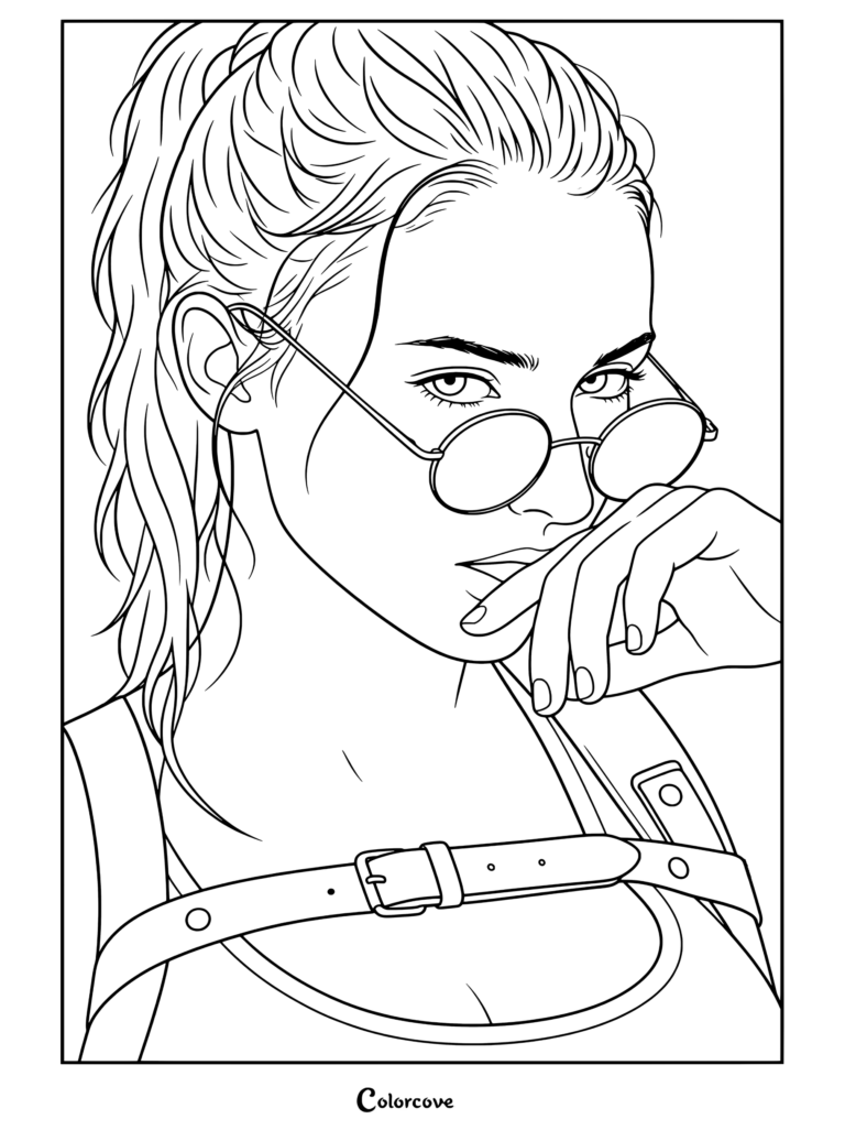 Dibujo para colorear imprimible de Sophie Turner como Lara Croft Tomb Raider con gafas de sol redondas, el rostro manchado y la mano cerca de la boca.