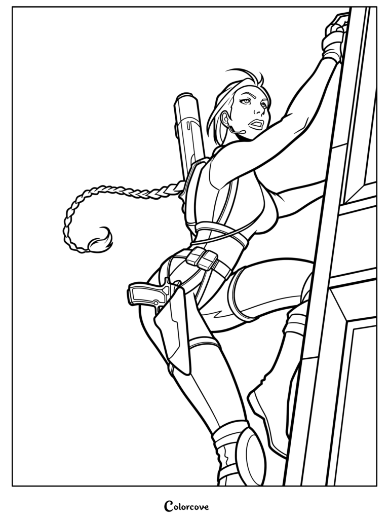 Dibujo para colorear de Lara Croft Tomb Raider que representa a la icónica arqueóloga subiendo por una escalera en un dinámico estilo de cómic, luciendo su característica trenza y cartucheras dobles.