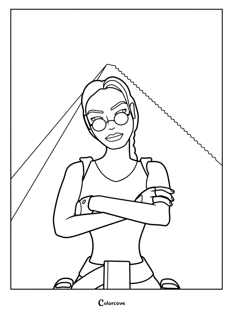 Dibujo para colorear de Lara Croft Tomb Raider con la clásica heroína de videojuegos Lara Croft vistiendo su característico top verde azulado, guantes oscuros sin dedos, pelo trenzado y gafas de sol rojas redondas con una pirámide egipcia de fondo.