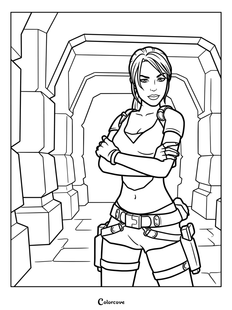 Dibujo para colorear imprimible gratis de Lara Croft del videojuego de acción y aventura de 2006 Tomb Raider: Legend, desarrollado por Crystal Dynamics, de pie en un antiguo pasillo de piedra con los brazos cruzados.
